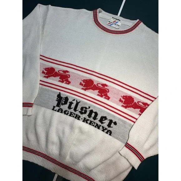 Vintage 70s Pilsner Lager Kenya Beer Knit Sweater Novelty Crewneck Size Large